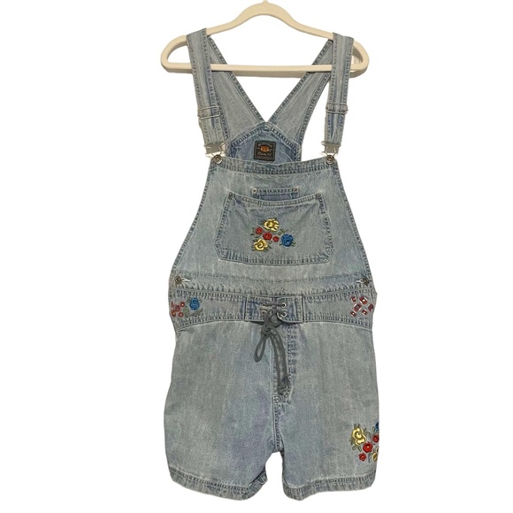 Route 66 Vintage 90's Y2K Denim Jean Overall Shorts Floral Embroidery Size L - Picture 1 of 13